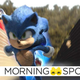 Sonic from Paramount's first film adaptation running with Dr. Robotnik hot on his heels in his flying ship.